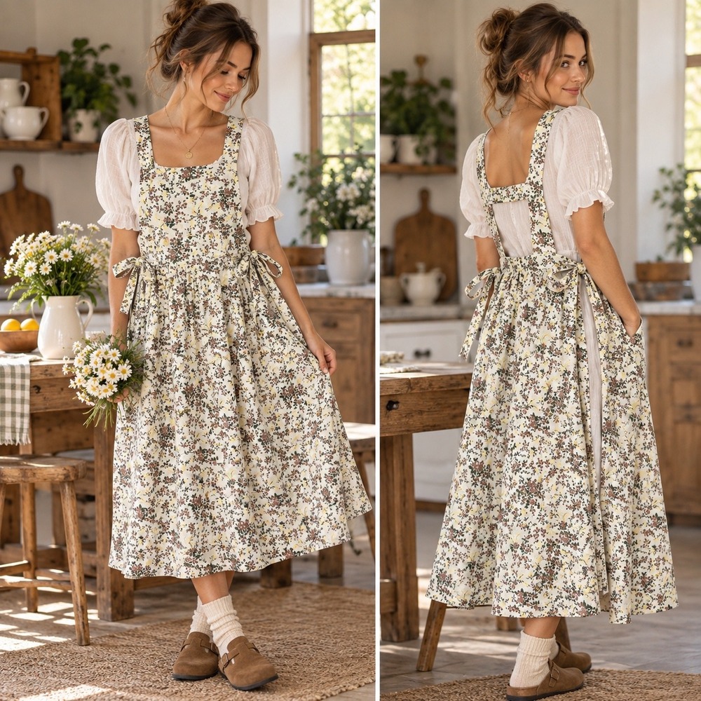Floral Cotton Pinafore Dress Cottagecore Side Tie Apron Midi Milkmaid Farmhouse